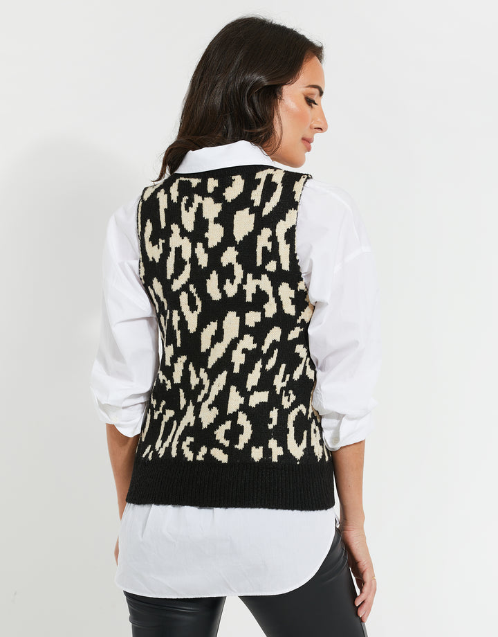 Black Leopard Print Knitted Vest