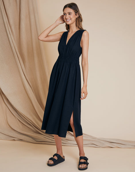 Threadbare Women's Black Linen Blend Ladies' V Neck Sleeveless Ruched Midi  Dress