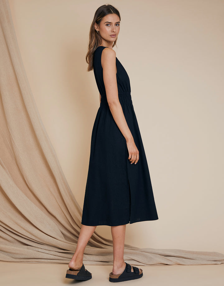 Black Linen Blend Ruched Midi Dress