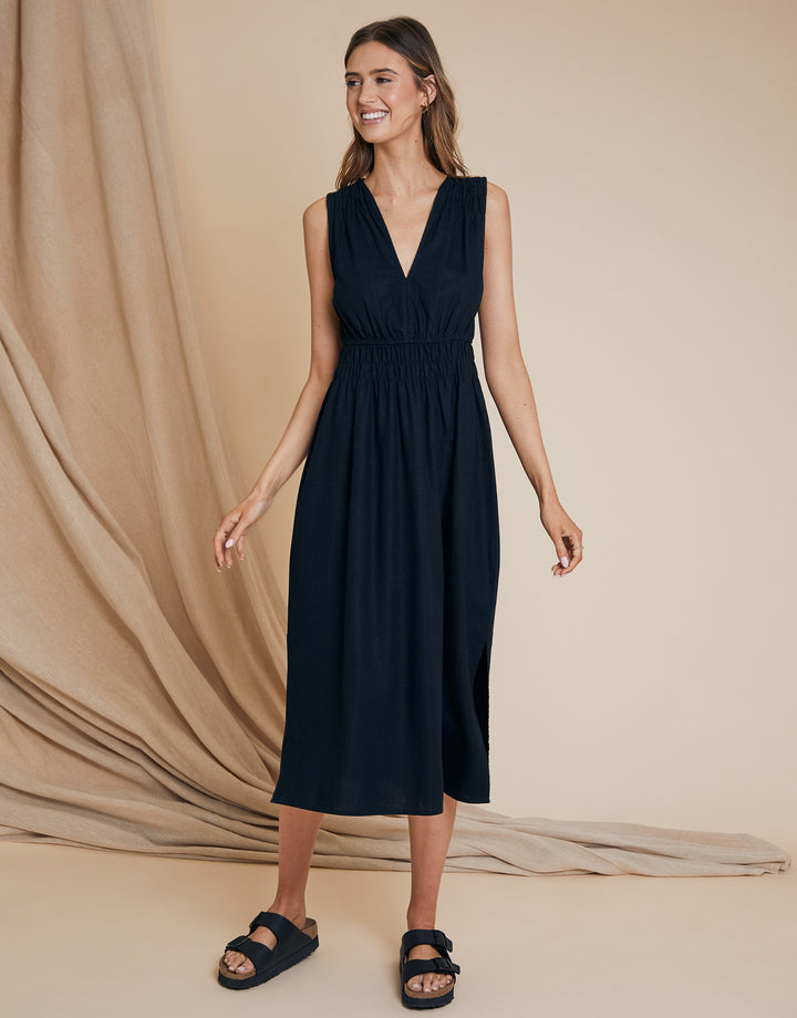 Black Linen Blend Ruched Midi Dress