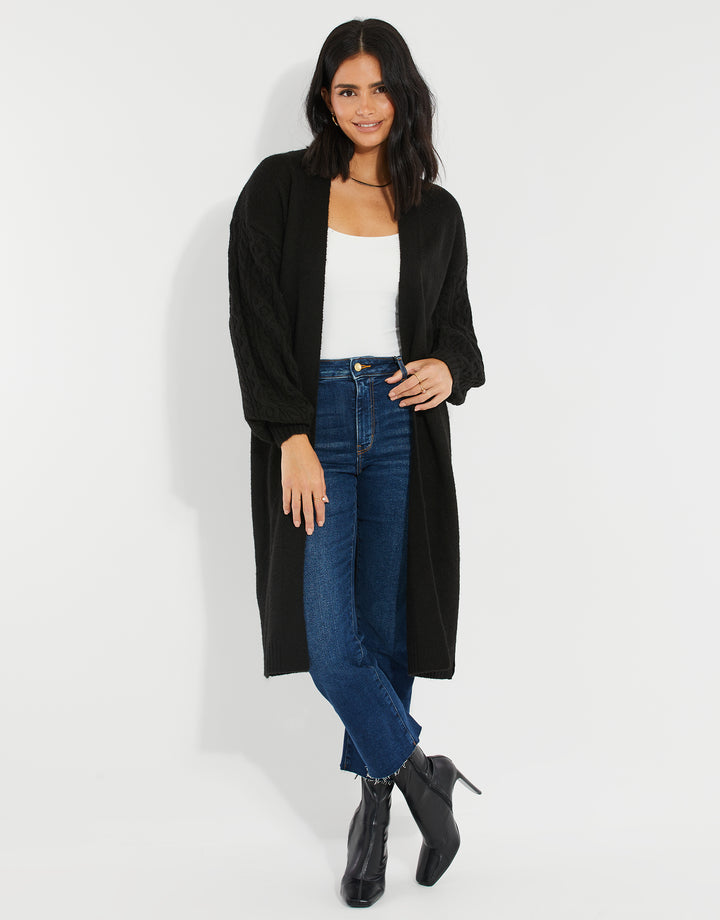Black Longline Cable Knit Cardigan