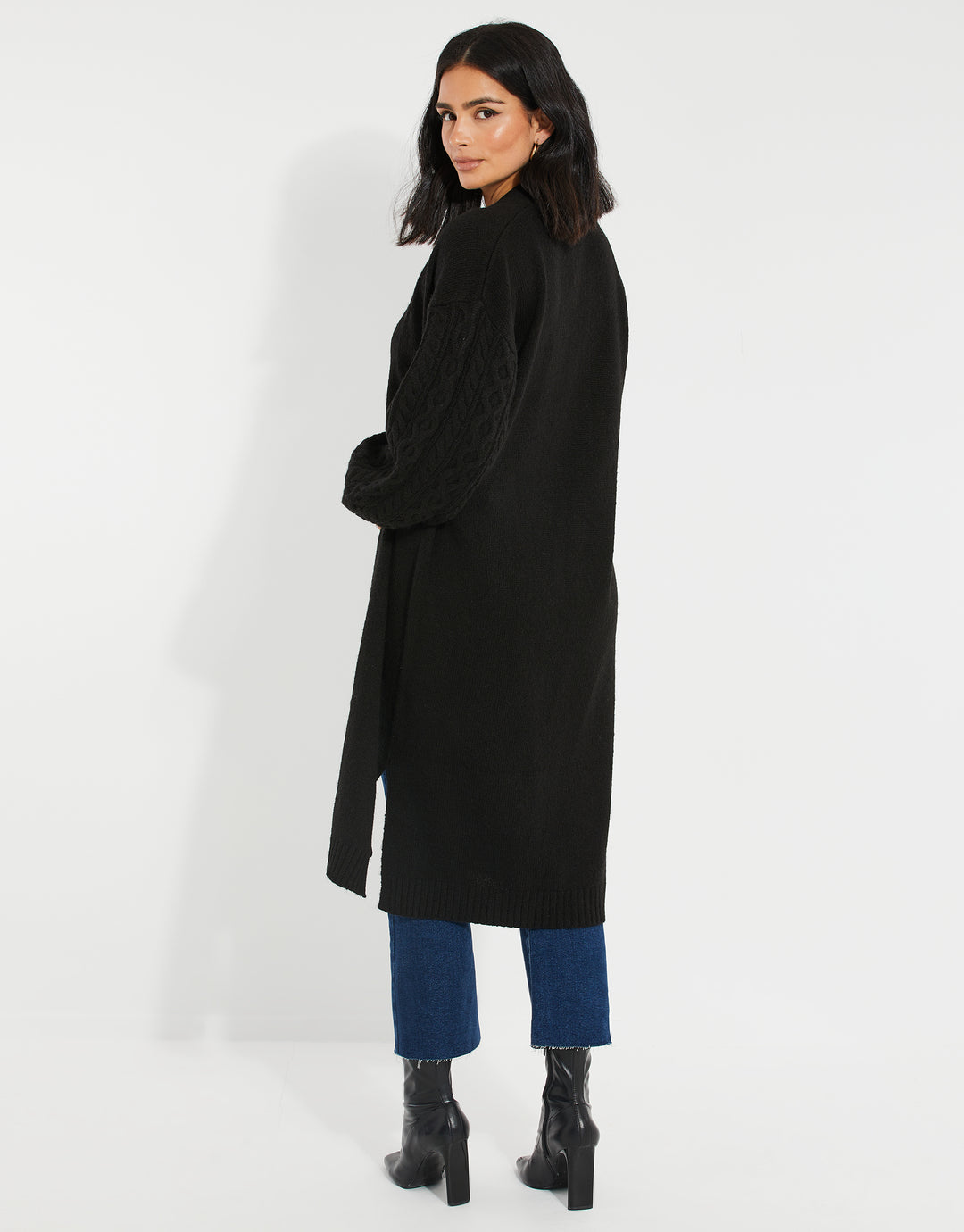 Black Longline Cable Knit Cardigan