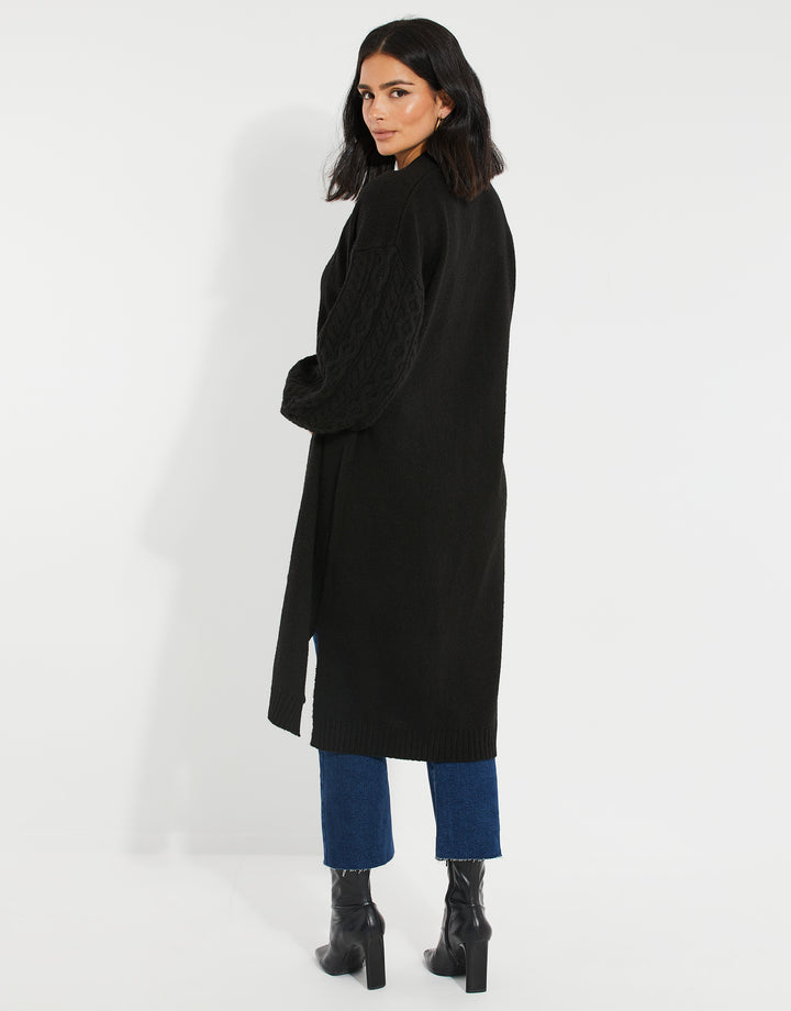 Black Longline Cable Knit Cardigan