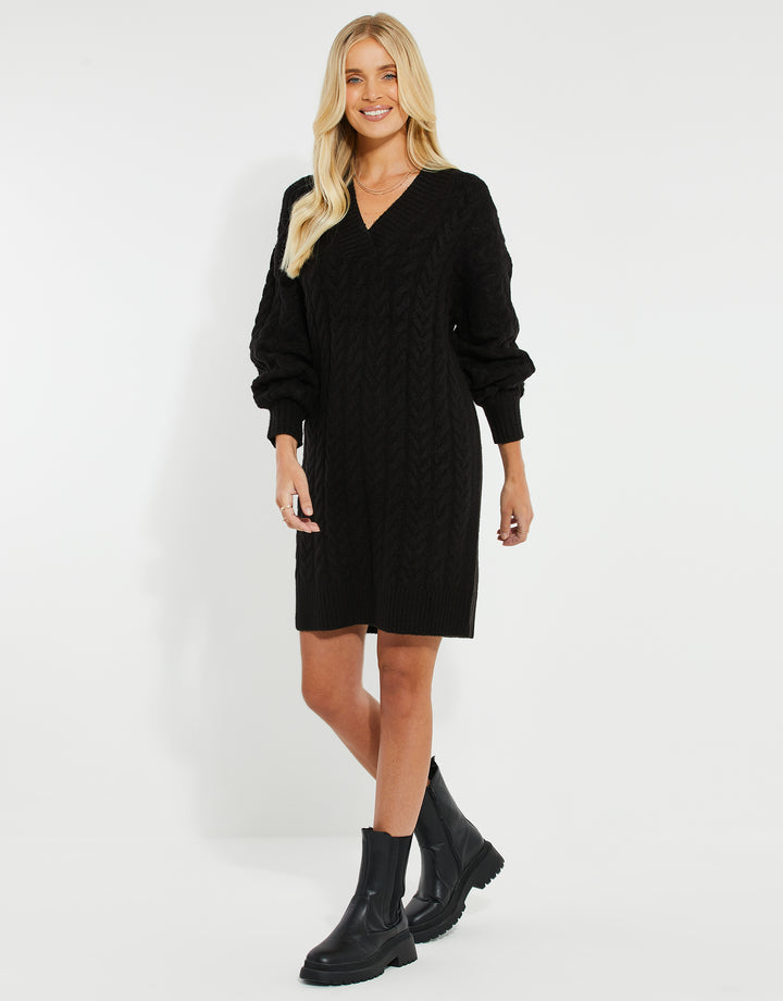 Black Cable Knit V-Neck Jumper Dress