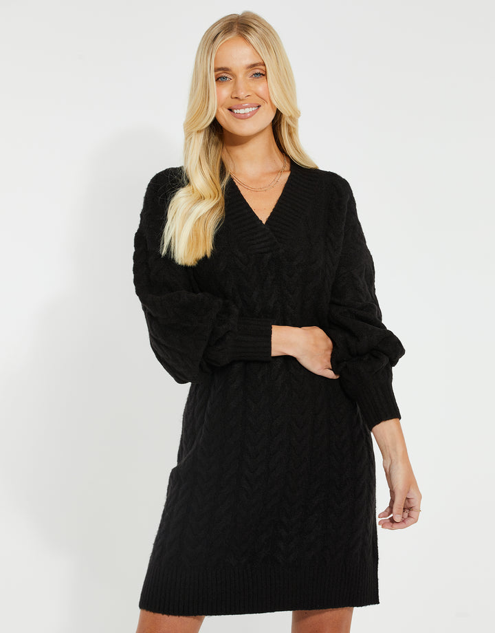 Black Cable Knit V-Neck Jumper Dress