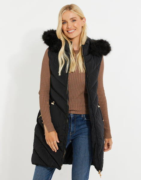 Women's Black Parka-Style Faux Fur Trim Hooded Ladies' Gilet – Threadbare