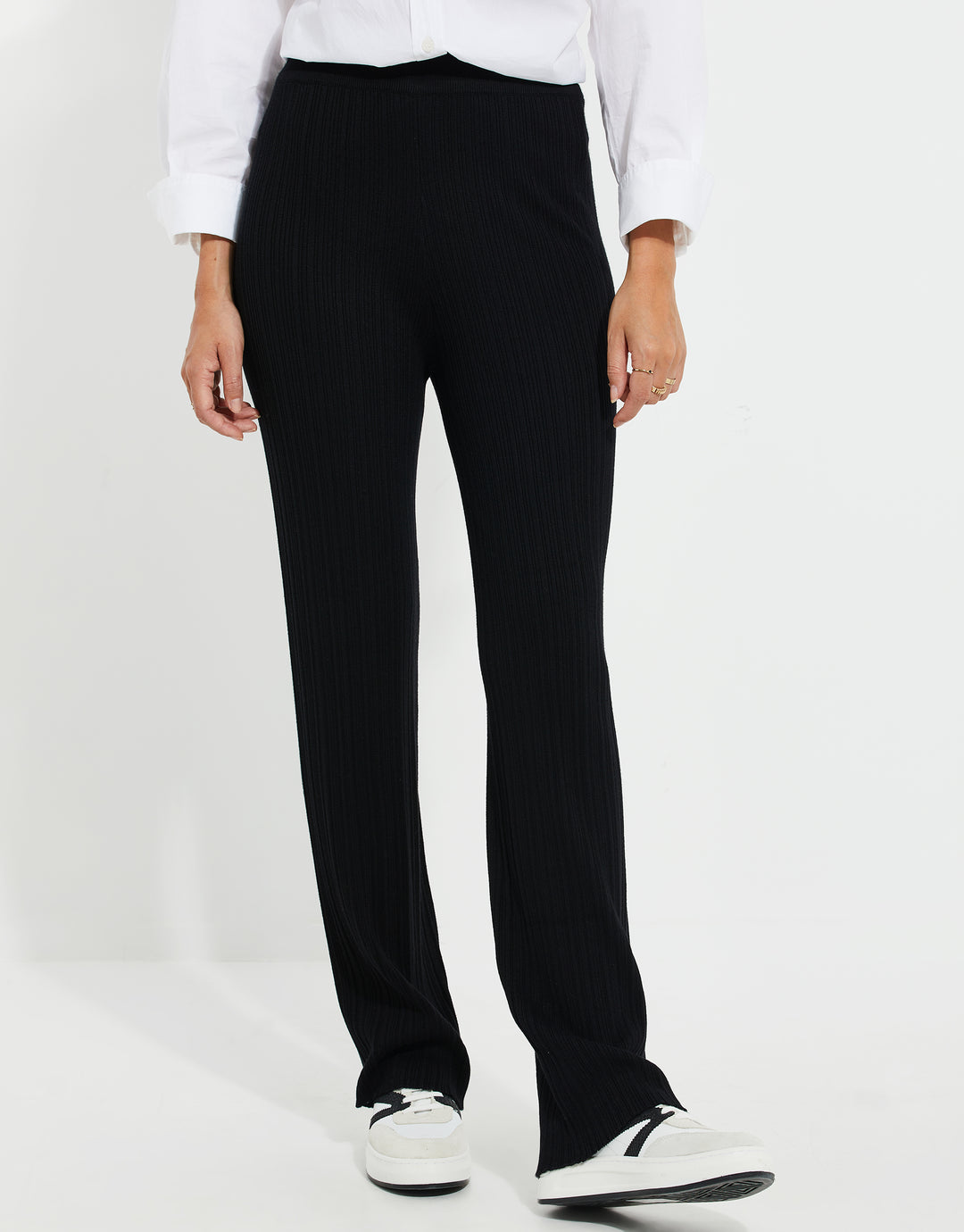 Black Rib Wide Leg Trousers