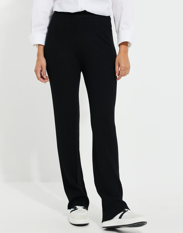 Black Rib Wide Leg Trousers