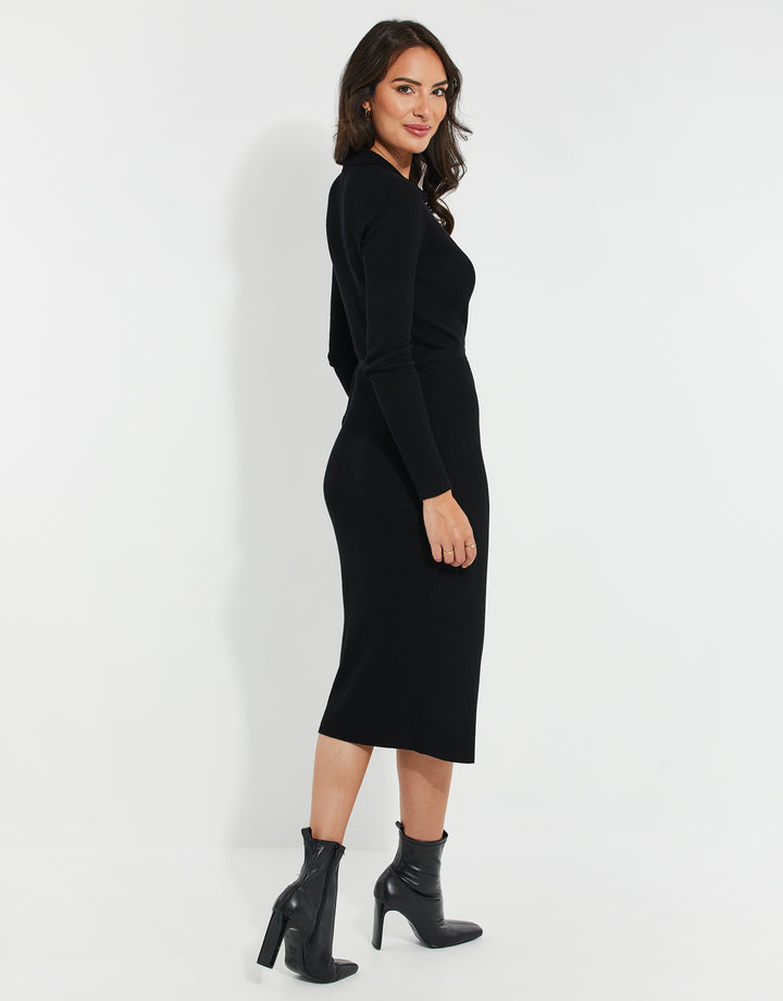 Black Ribbed Wrap Tie Dress