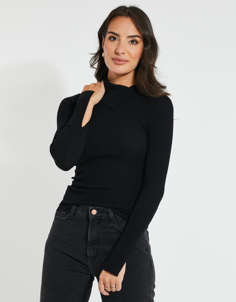 Women's Black Roll Neck Ribbed Ladies' Knitted Jumper – Threadbare