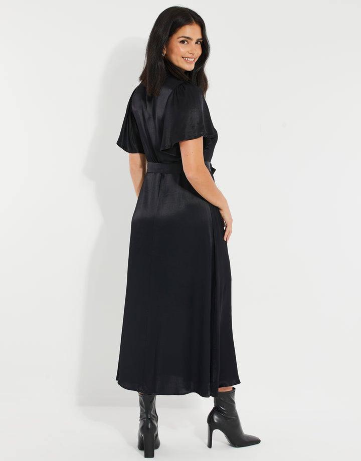 Black Satin Button Down Midi Dress