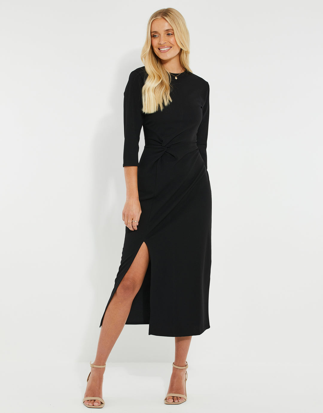Threadbare Women's Black Scuba Crepe Long Sleeve Ladies' Jersey Midi Dress With Side Split Threadbare Women's Black Scuba Crepe Long Sleeve Ladies' Jersey Midi Dress With Side Split