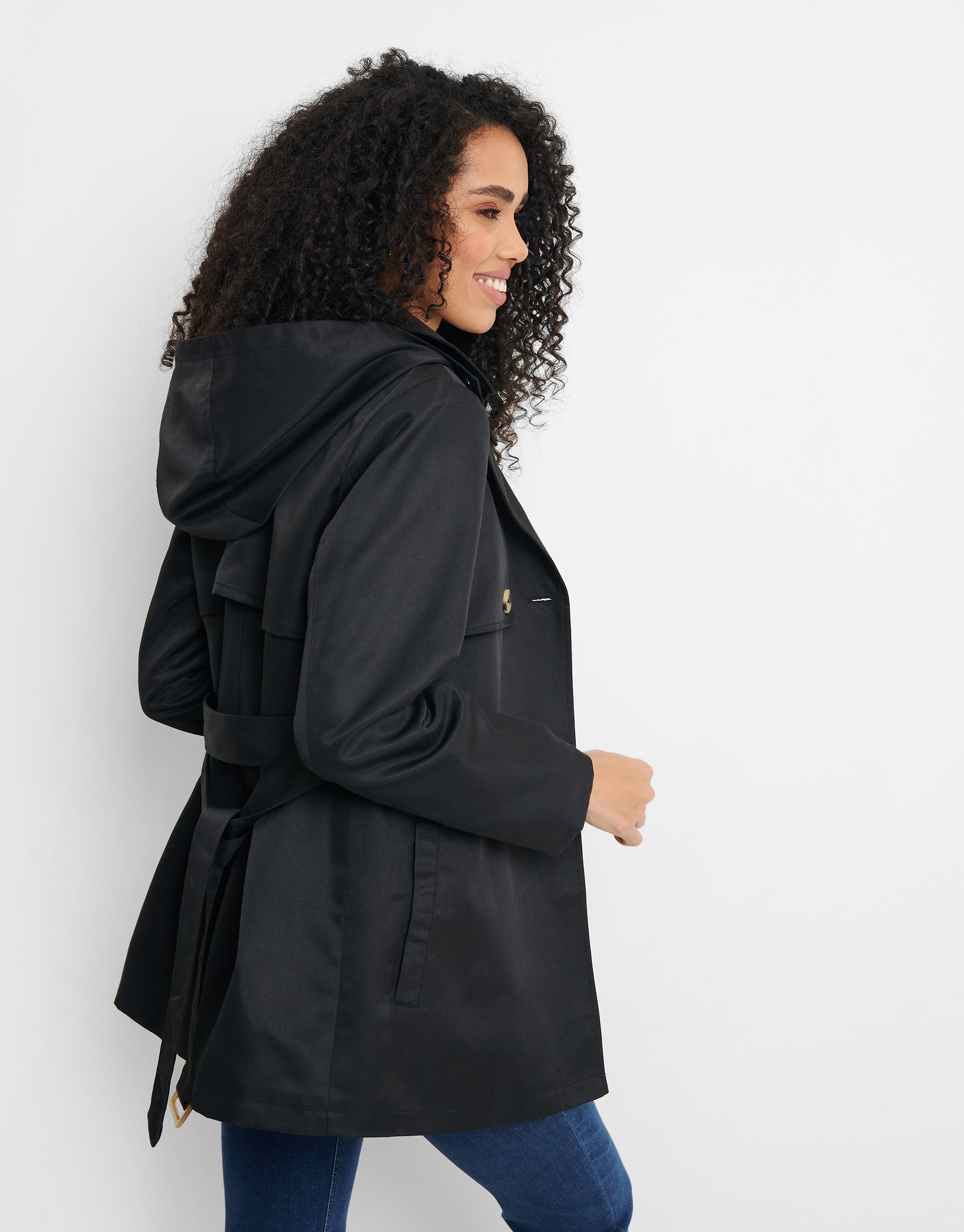Threadbare Women's Black Short Hooded Ladies' Trench Coat