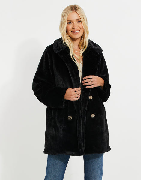 Women's Black Single Breasted Revere Collar Ladies' Faux Fur Coat ...