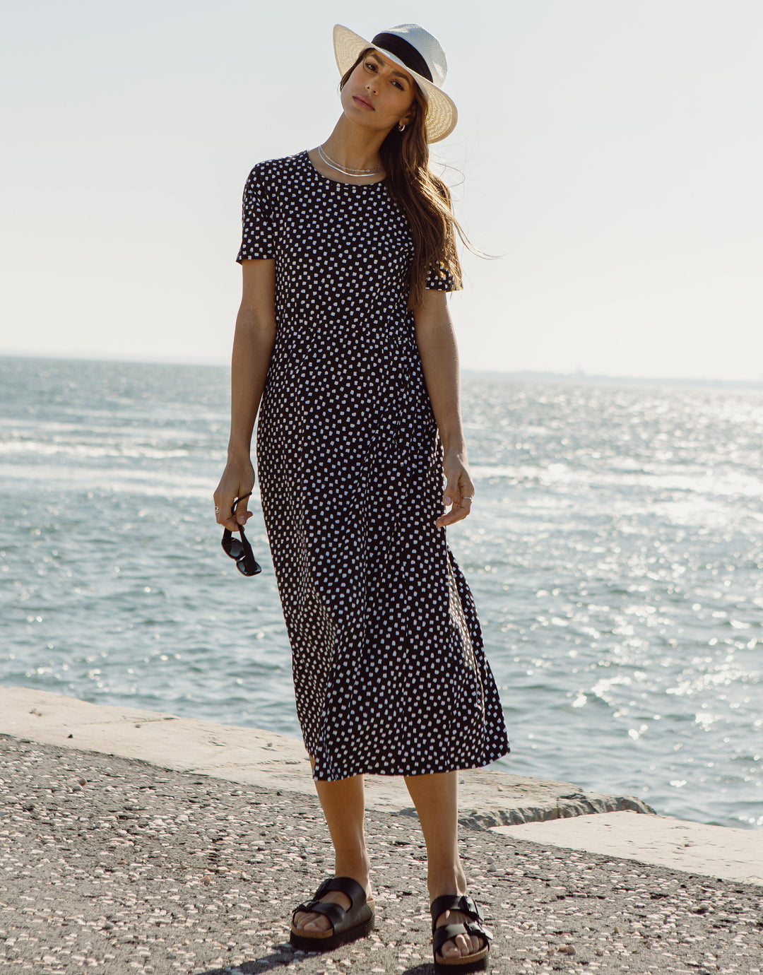 Black Spot Jersey Midi Smock Dress with Pockets