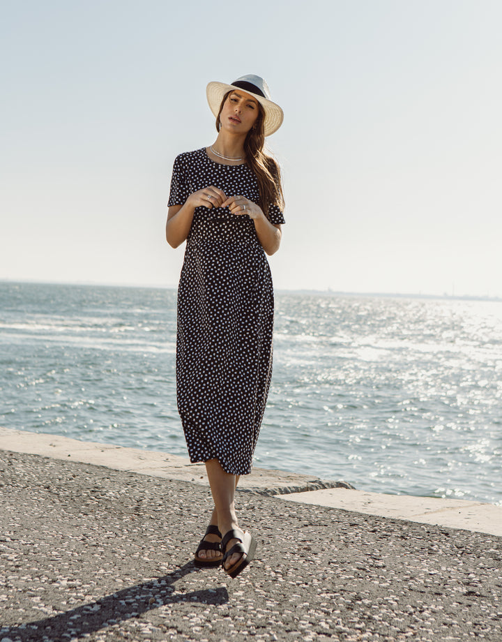 Black Spot Jersey Midi Smock Dress with Pockets