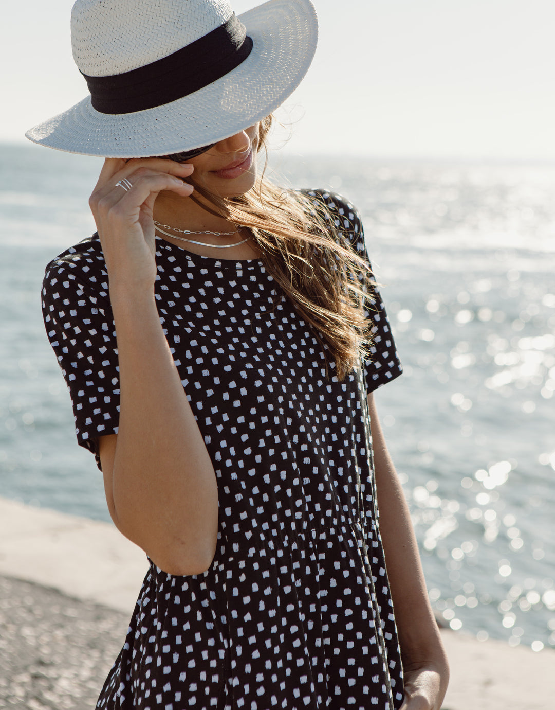 Black Spot Jersey Midi Smock Dress with Pockets