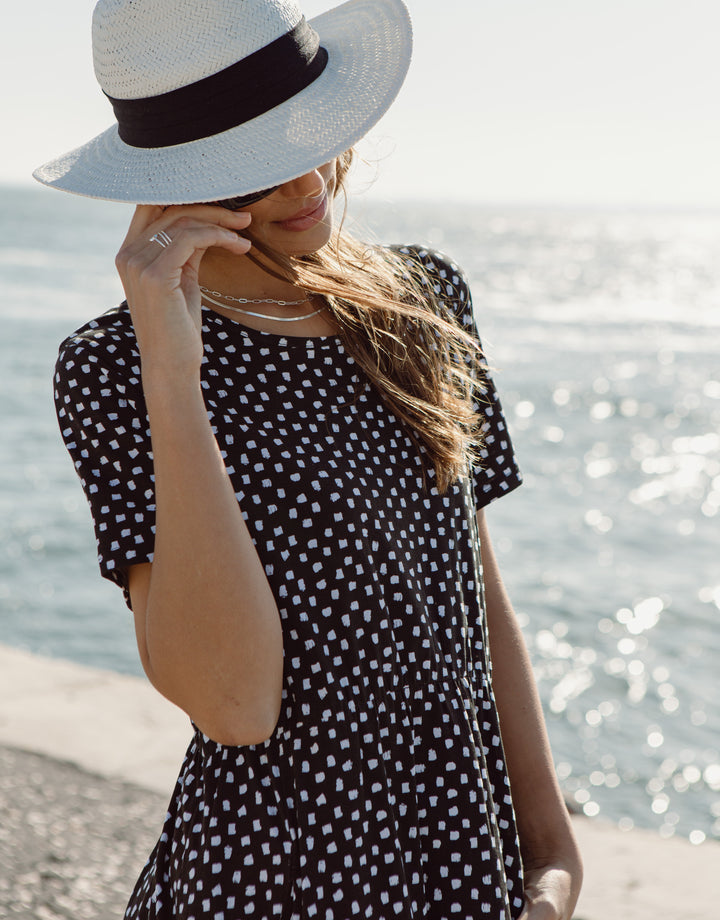 Black Spot Jersey Midi Smock Dress with Pockets