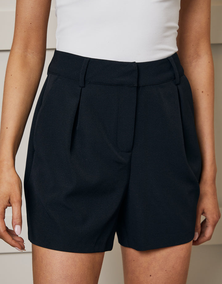 Black Pleated Tailored Shorts