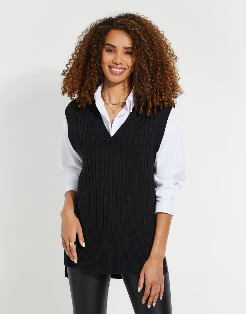 Threadbare Women's Black V-Neck Ribbed Ladies' Knitted Vest