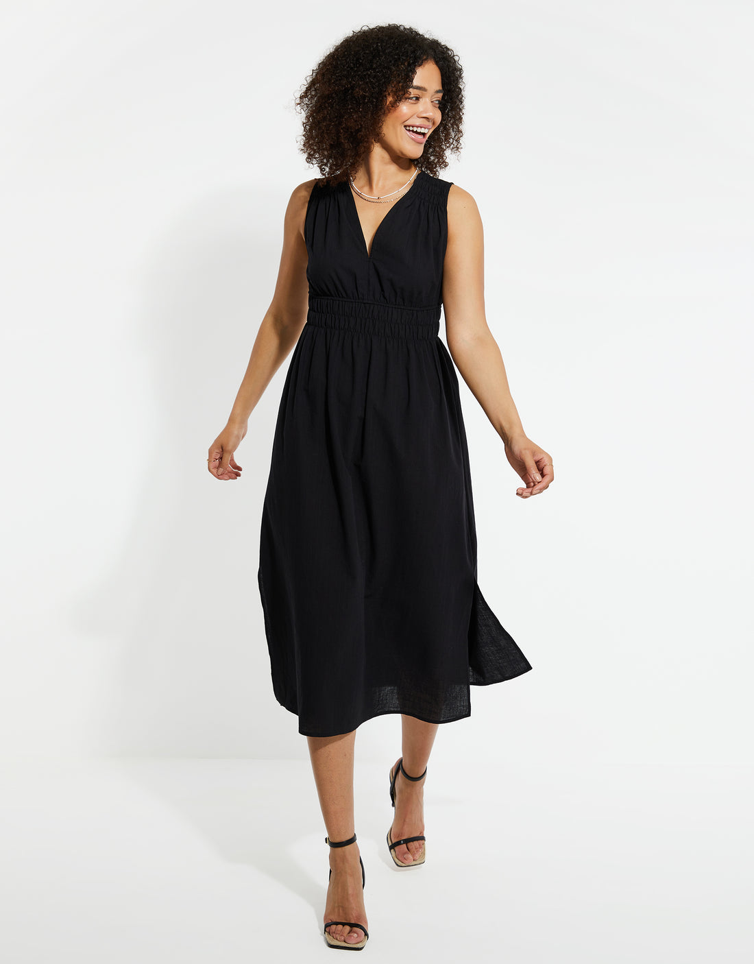 Women's Black V-Neck Ruched Linen Look Ladies' Midi Dress – Threadbare