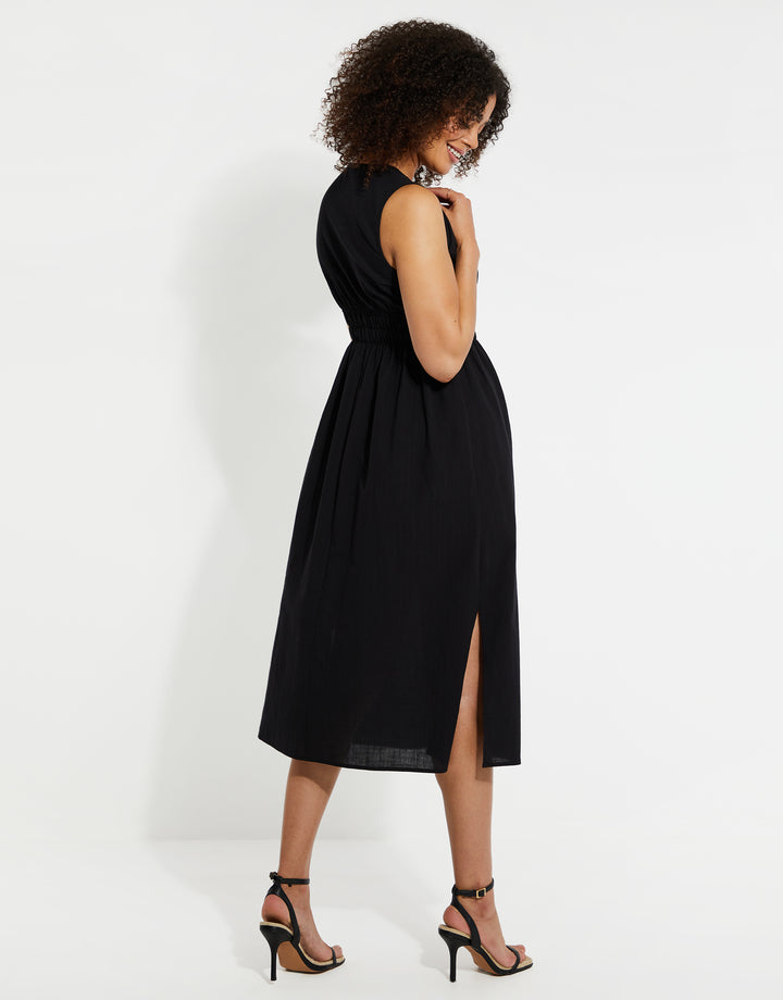 Black Linen Look Ruched Dress