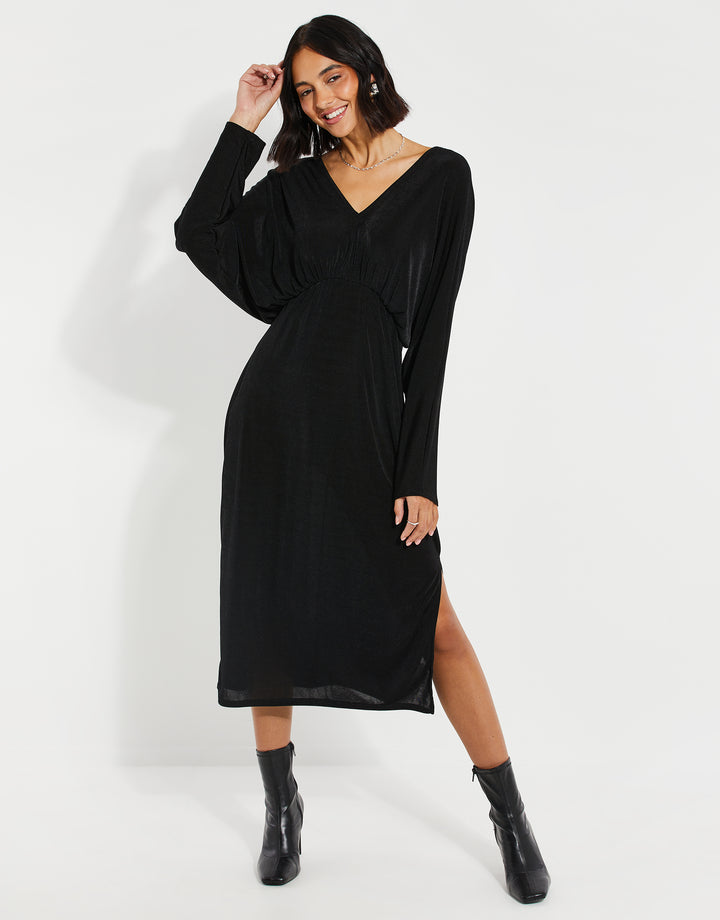 Black V-Neck Party Midi Dress