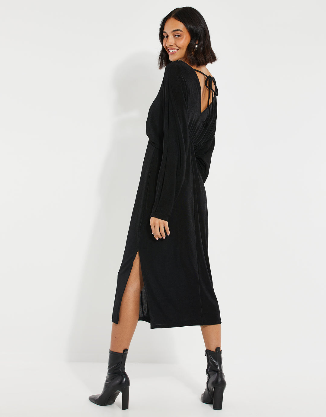 Black V-Neck Party Midi Dress
