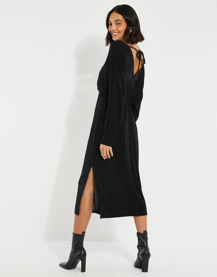 Black V-Neck Party Midi Dress