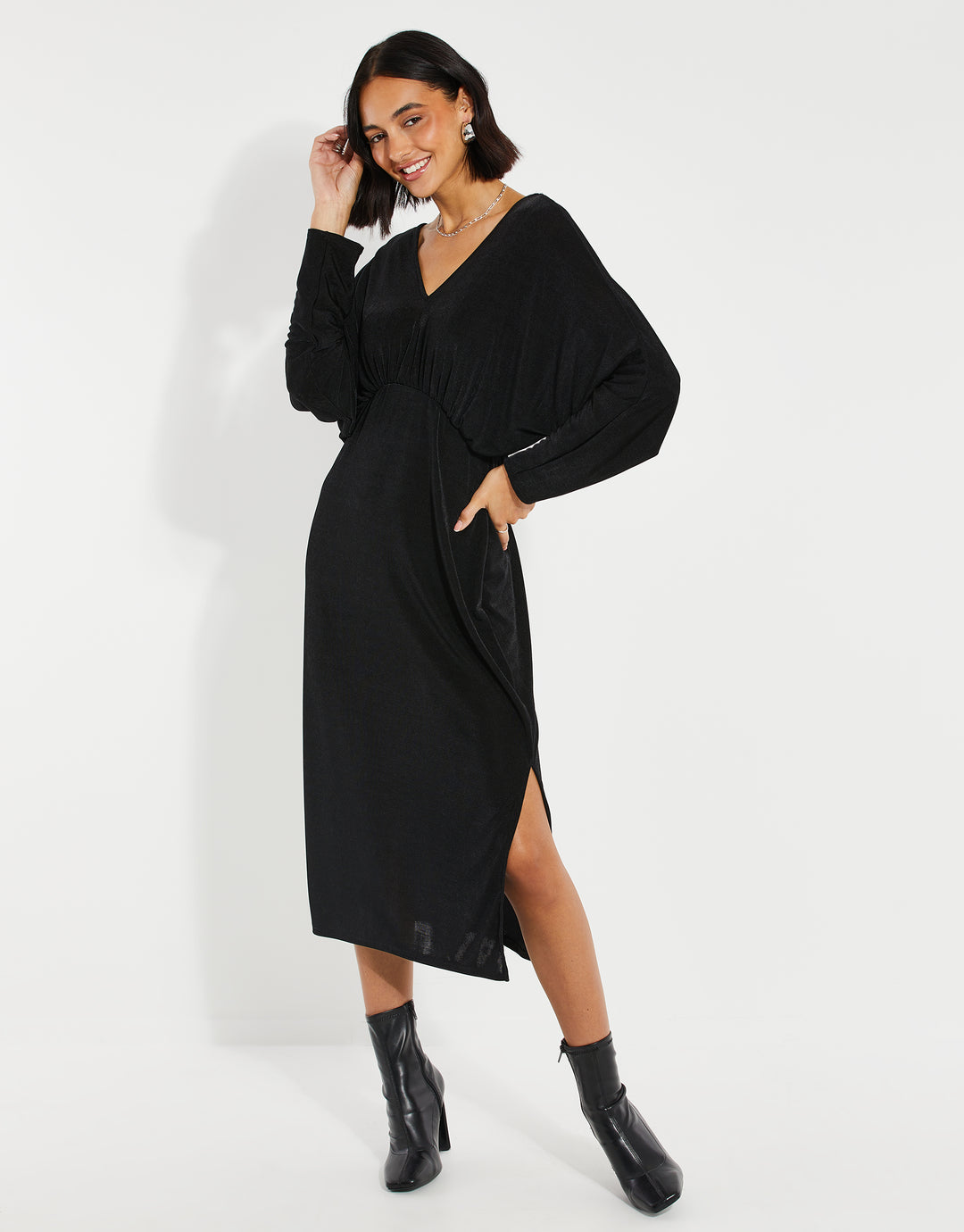 Black V-Neck Party Midi Dress
