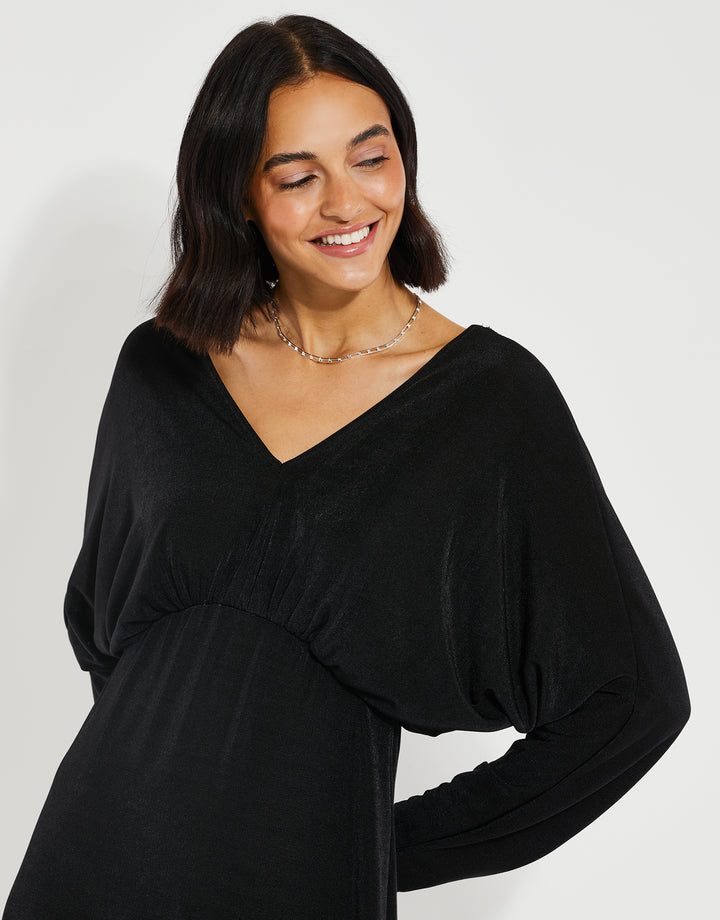 Black V-Neck Party Midi Dress