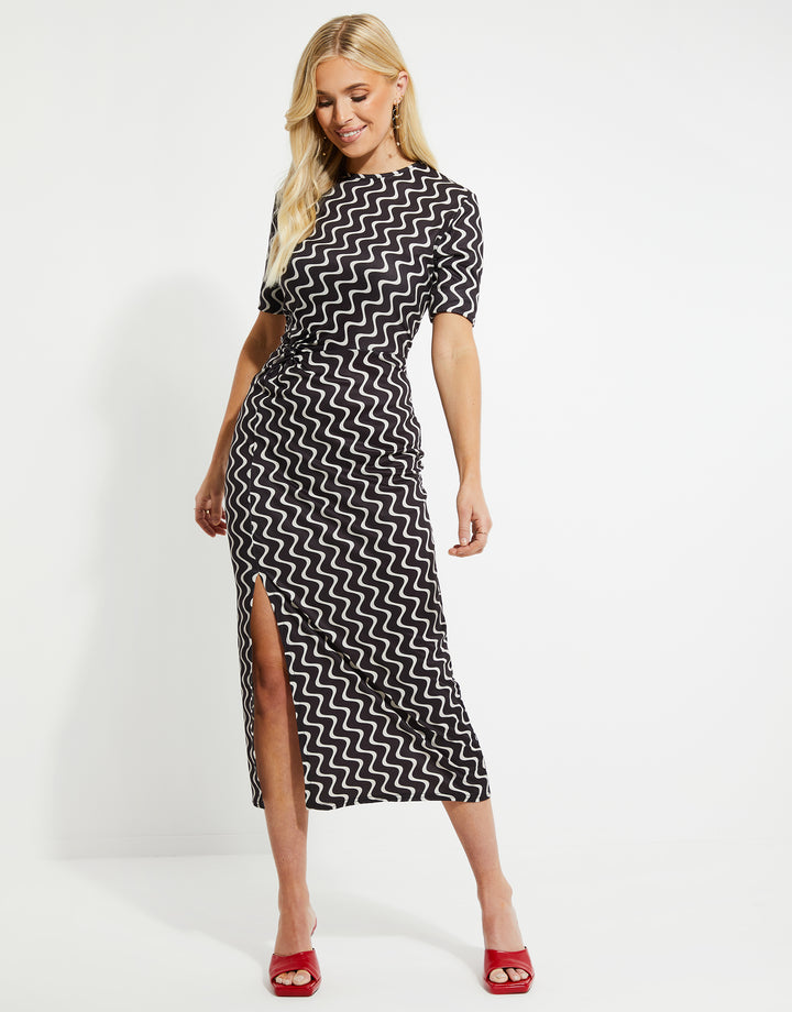 Black Wave Print Jersey Midi Dress