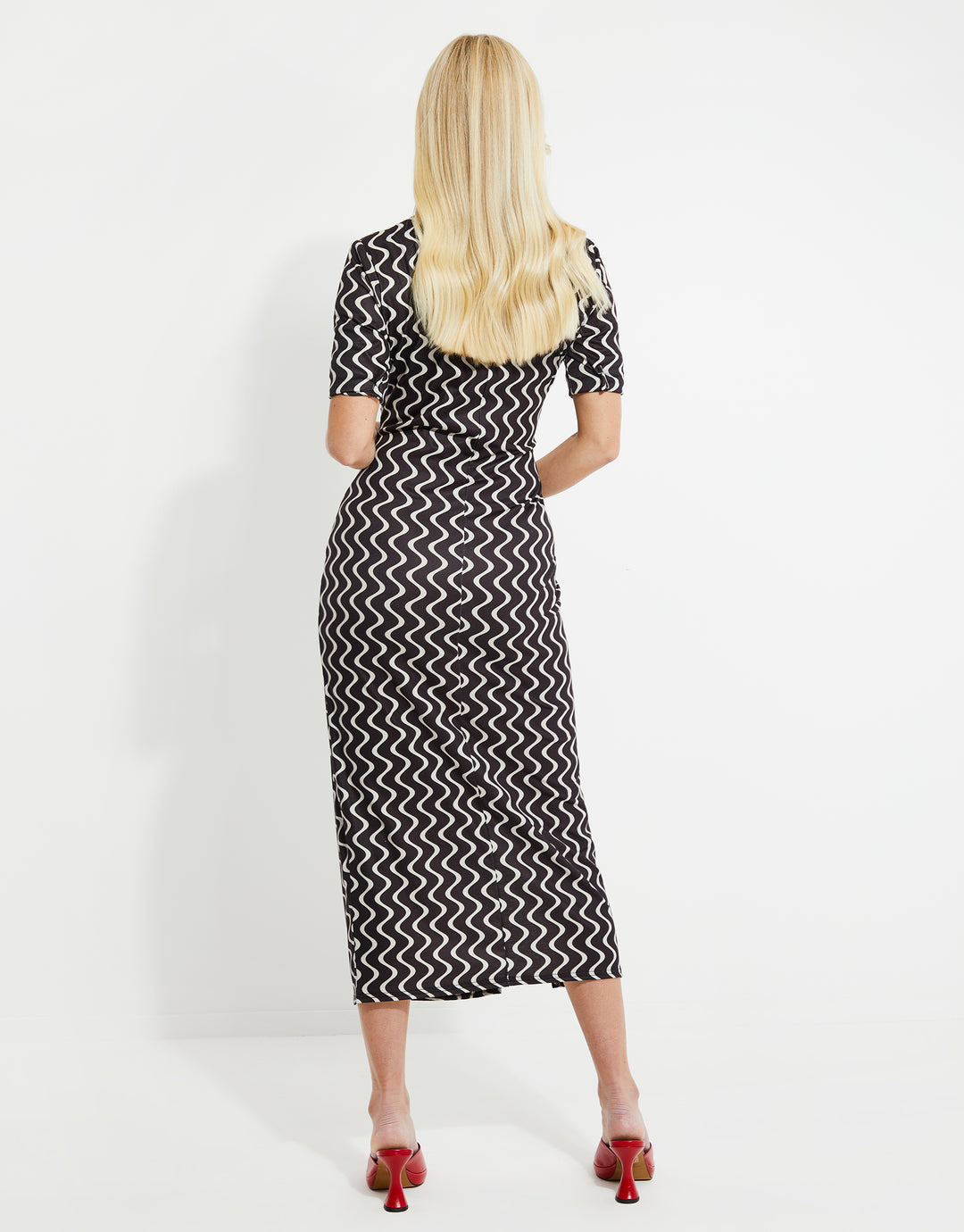 Black Wave Print Jersey Midi Dress