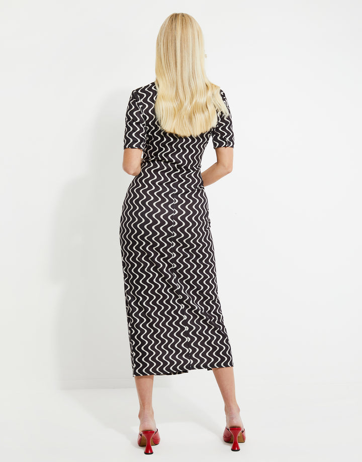 Black Wave Print Jersey Midi Dress