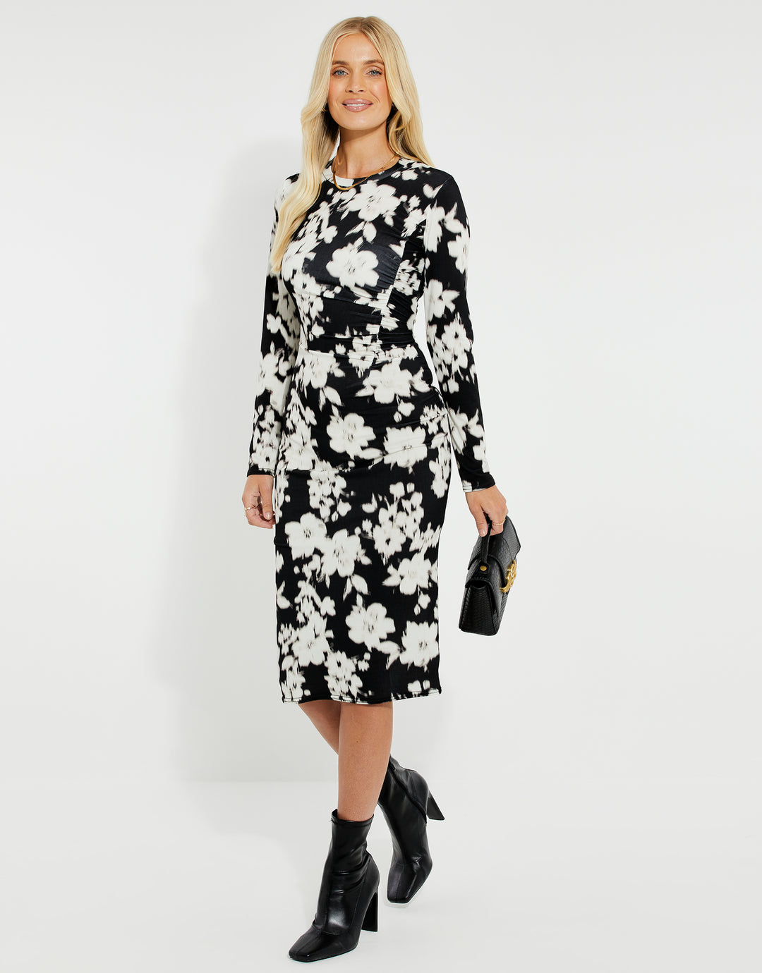 Threadbare Women's Black & White Floral Print Long Sleeve Ruched Ladies' Midi Dress Threadbare Women's Black & White Floral Print Long Sleeve Ruched Ladies' Midi Dress