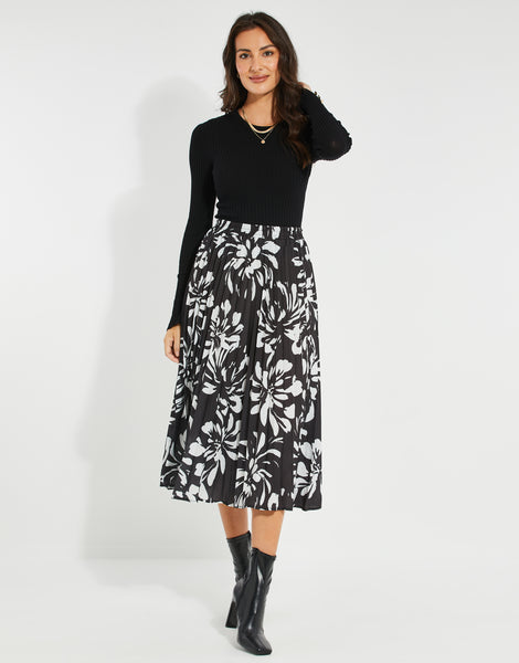Women's Black & White Floral Print Pleated Midi Skirt – Threadbare