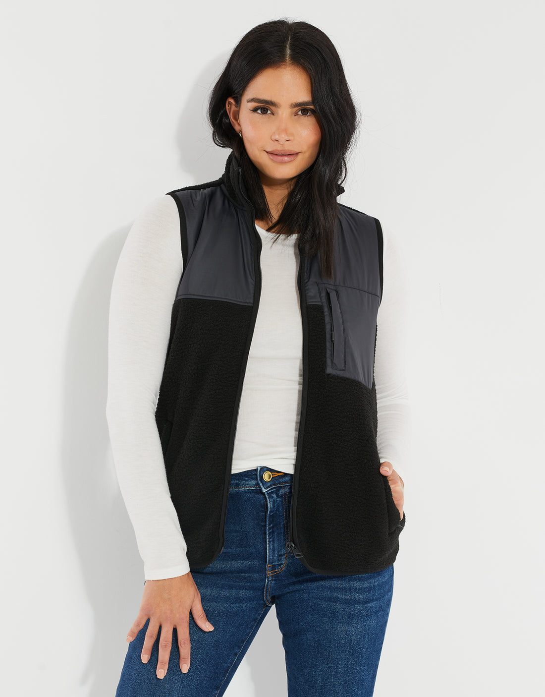 Women's Black ZipThrough Faux Funnel Neck Contrast Panel Fleece Gilet Threadbare
