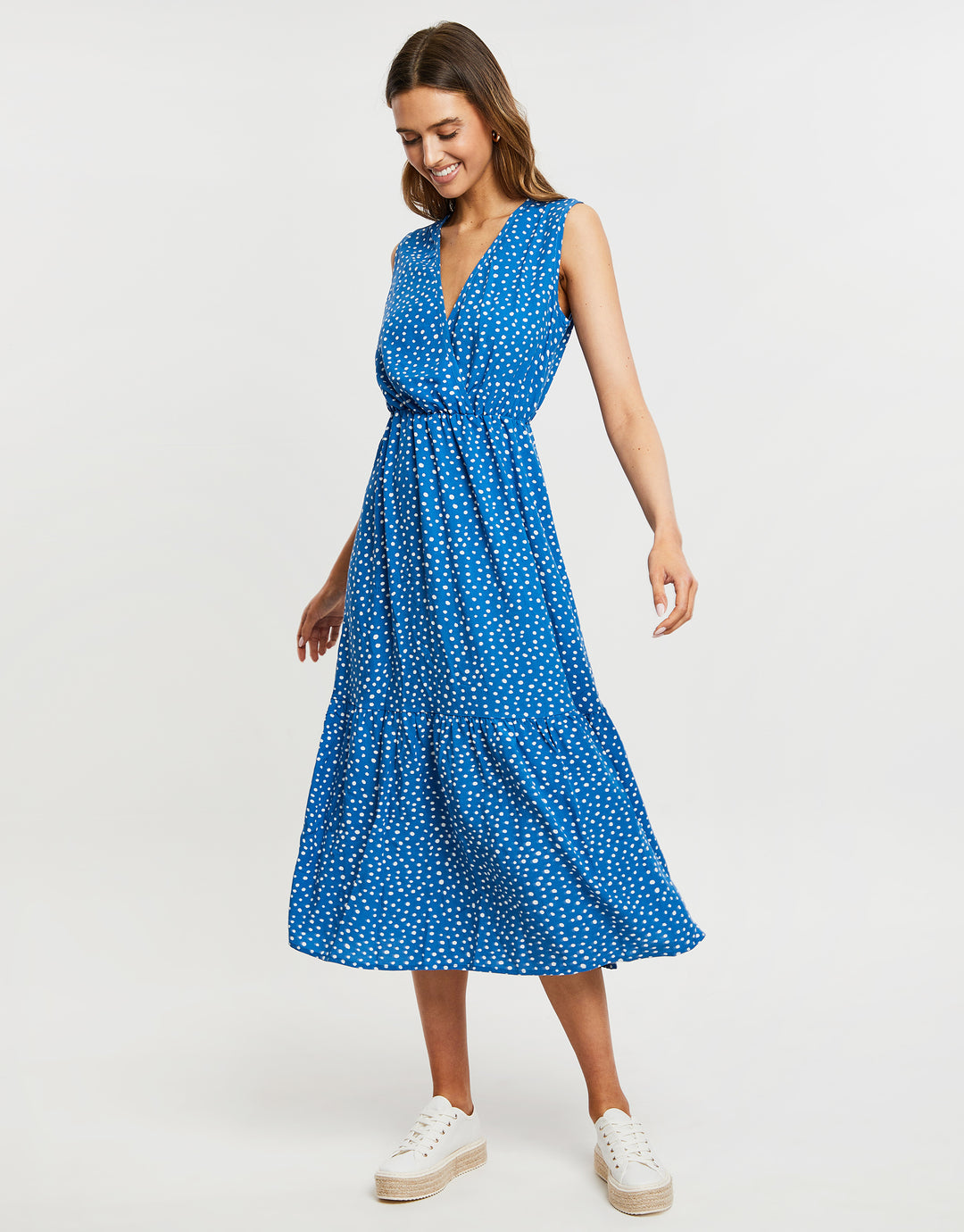 Threadbare Women's Blue Fleck Print Empire Waist Ladies' Sleeveless Midi Dress Threadbare Women's Blue Fleck Print Empire Waist Ladies' Sleeveless Midi Dress