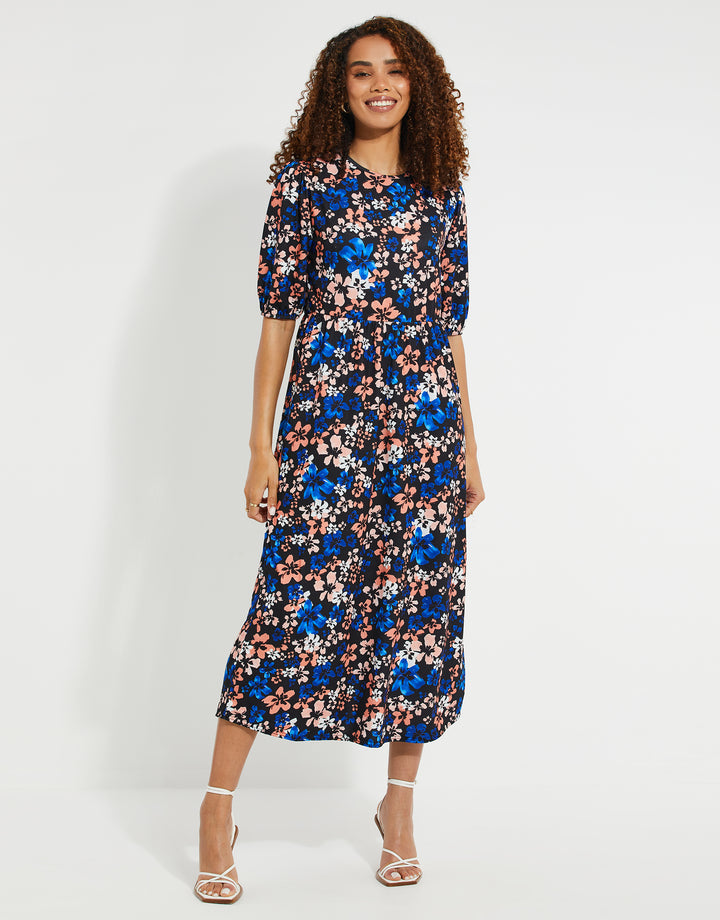 Blue Floral Smock Jersey Dress