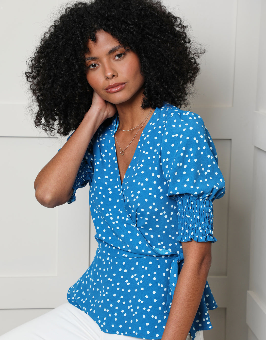 Blue Polka Dot Print Short Sleeve Wrap Blouse