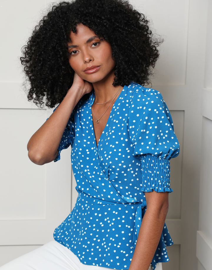Blue Polka Dot Print Short Sleeve Wrap Blouse
