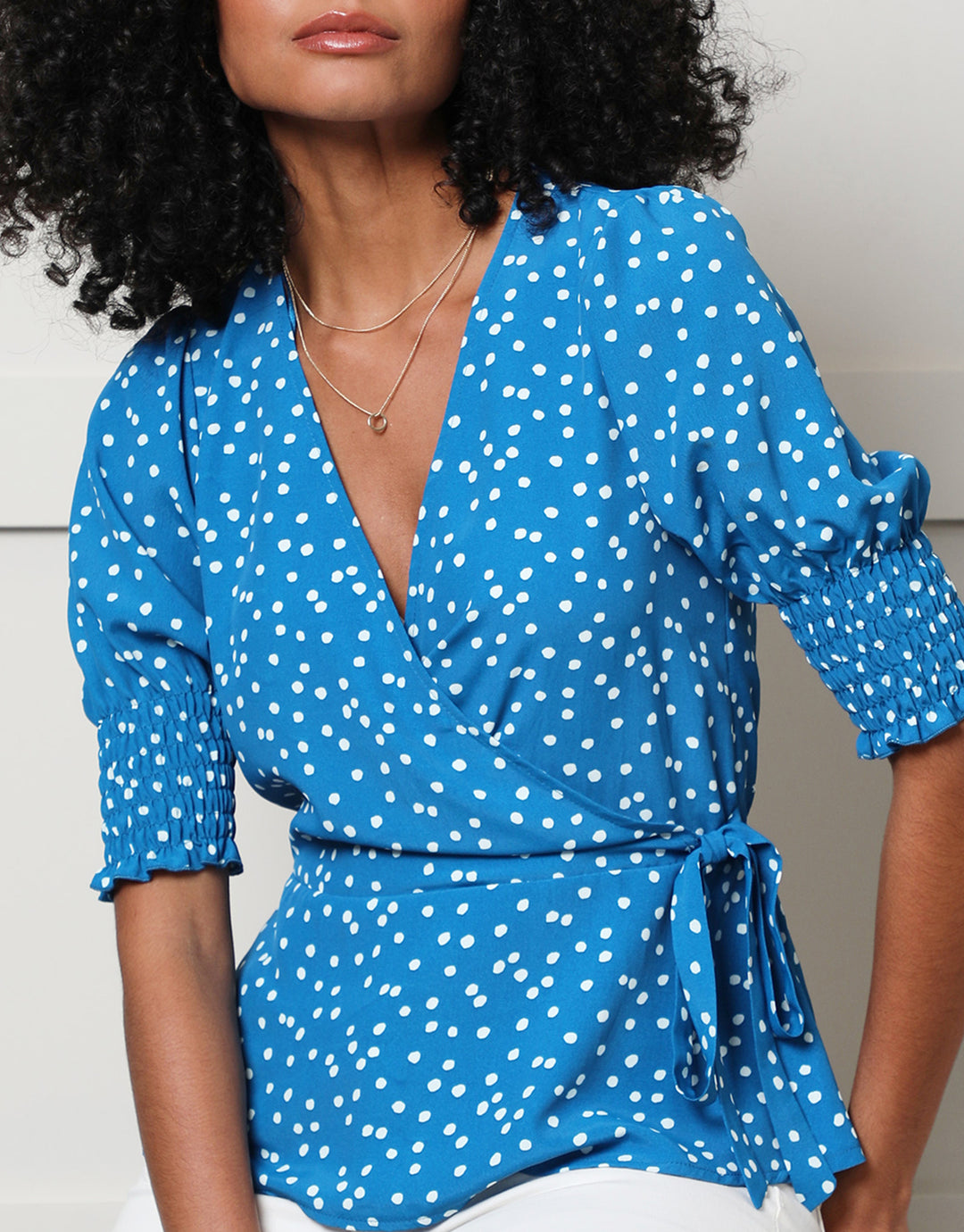 Blue Polka Dot Print Short Sleeve Wrap Blouse