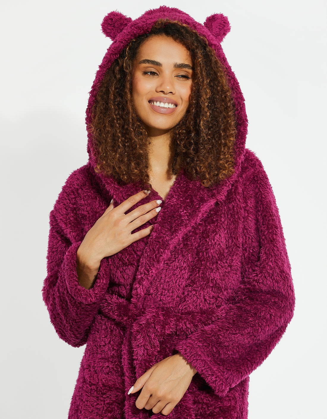 Women's Dark Pink Fluffy Hooded Ladies' Dressing Gown Threadbare