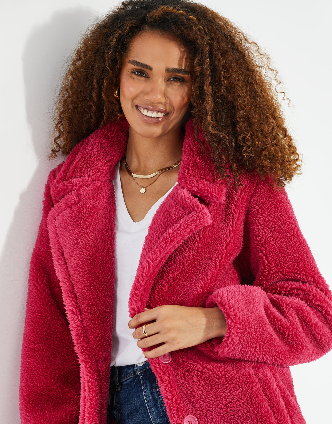 Fuchsia Pink Faux Borg Teddy Coat