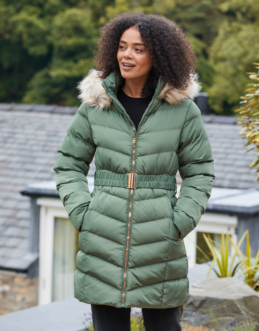 Women's Green Belted Mid Length Fur Trim Padded Ladies' Puffer