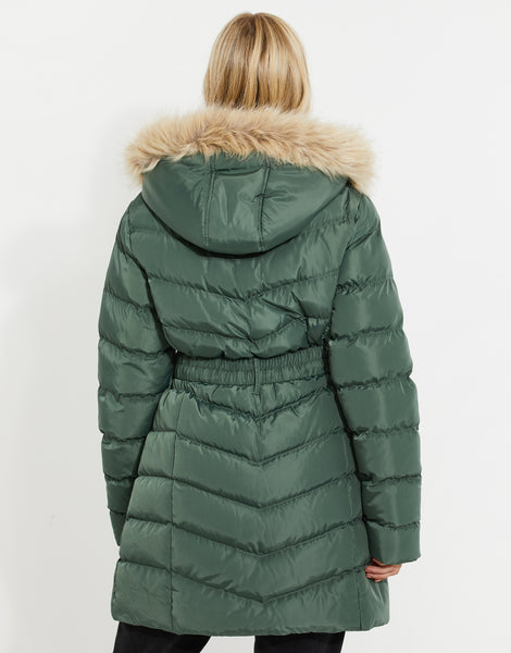 Women's Green Belted Mid Length Fur Trim Padded Ladies' Puffer Jacket ...