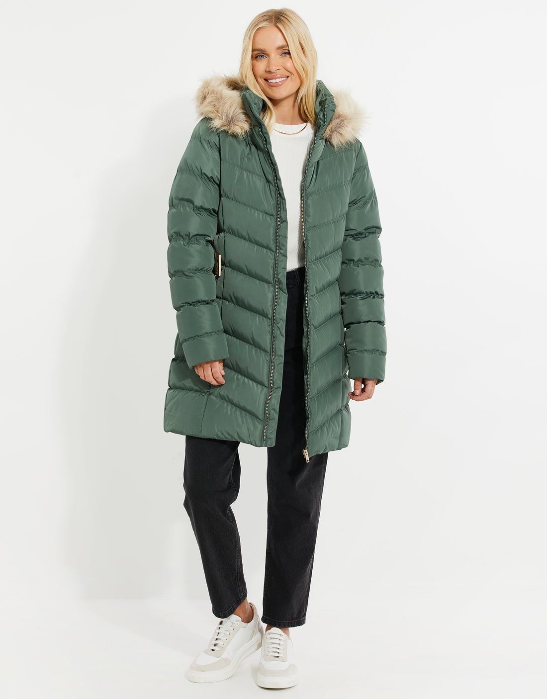 Women's Green Belted Mid Length Fur Trim Padded Ladies' Puffer Jacket ...
