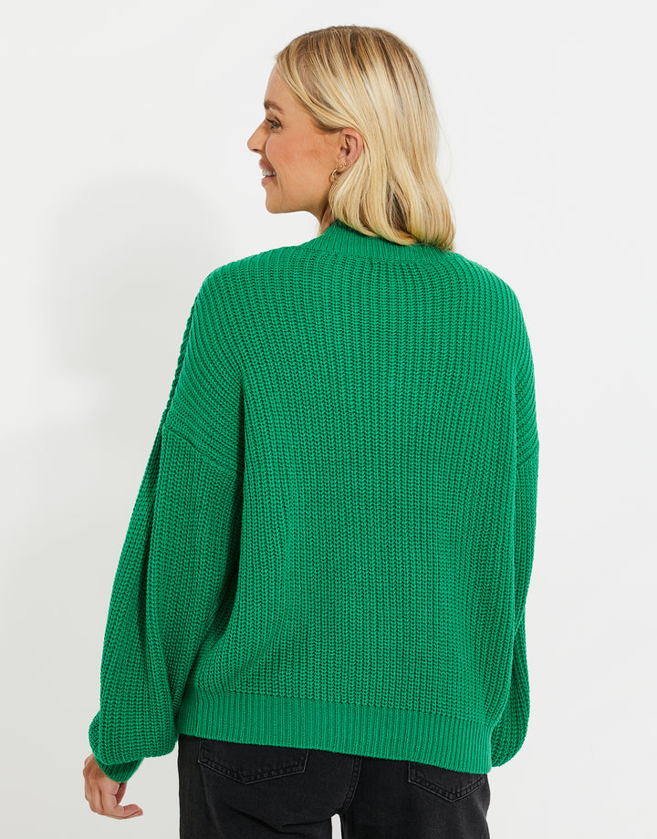 Green Cable Knit V Neck Jumper