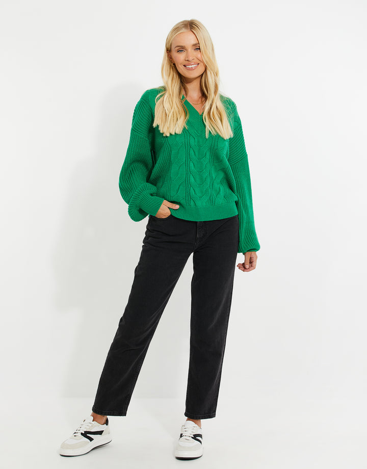 Green Cable Knit V Neck Jumper