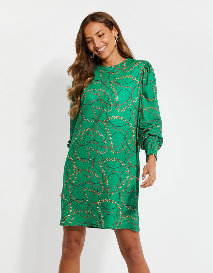 Green Chain Print Jersey Mini Dress